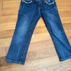 Miss Me Indigo Denim with embroidery and rhinestones Capris